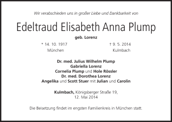 Anzeige von Edeltraud Elisabeth Anna Plump von MGO