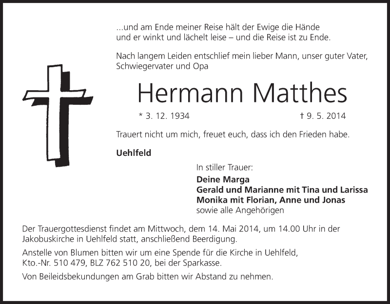  Traueranzeige für Hermann Matthes vom 12.05.2014 aus MGO