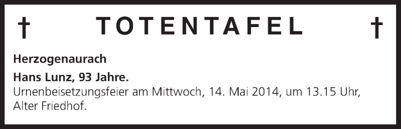  Traueranzeige für Totentafel 13.05.2014 vom 13.05.2014 aus MGO