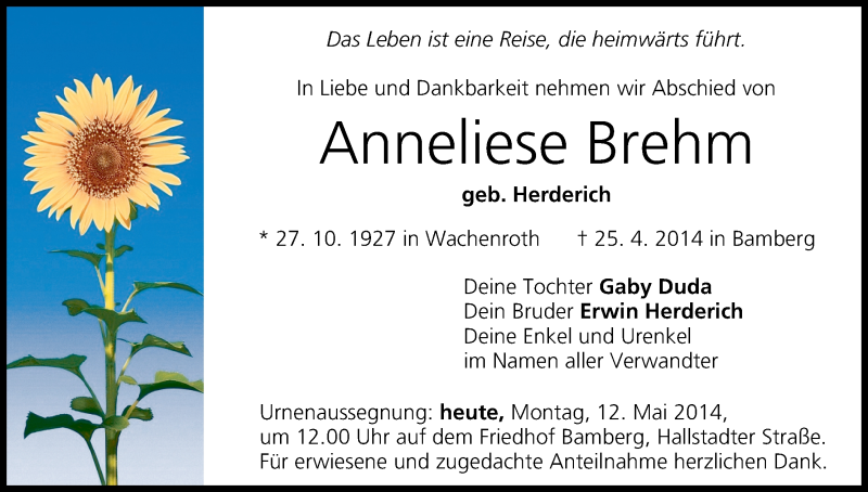  Traueranzeige für Anneliese Brehm vom 12.05.2014 aus MGO