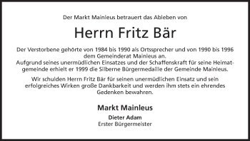 Anzeige von Fritz Bär von MGO