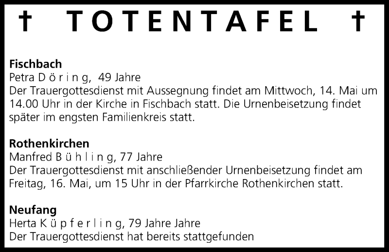  Traueranzeige für Totentafel 13.05.2014 vom 13.05.2014 aus MGO