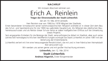 Anzeige von Erich A. Reinlein von MGO