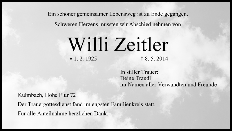  Traueranzeige für Willi Zeitler vom 17.05.2014 aus MGO