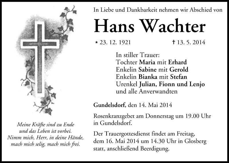  Traueranzeige für Hans Wachter vom 14.05.2014 aus MGO