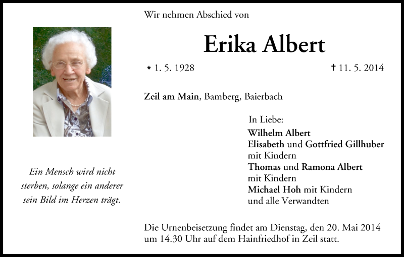  Traueranzeige für Erika Albert vom 17.05.2014 aus MGO