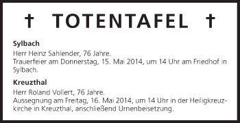 Anzeige von Totentafel 15.05.2014 von MGO