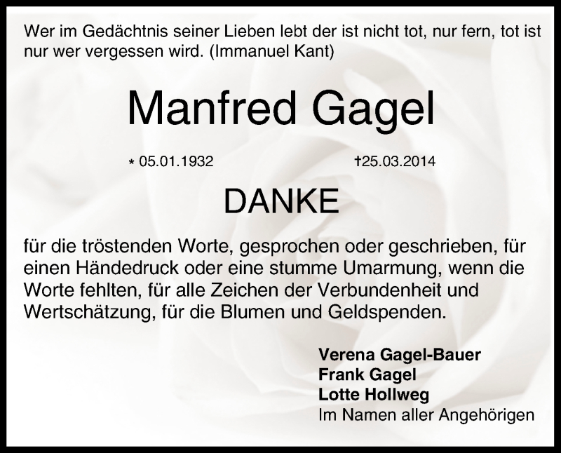  Traueranzeige für Manfred Gagel vom 17.05.2014 aus MGO