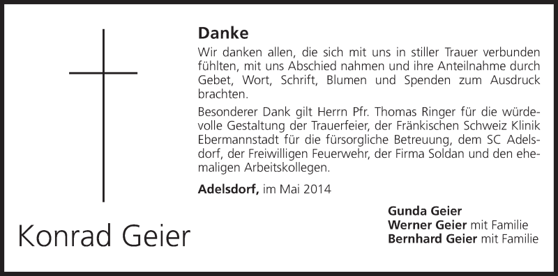  Traueranzeige für Konrad Geier vom 17.05.2014 aus MGO