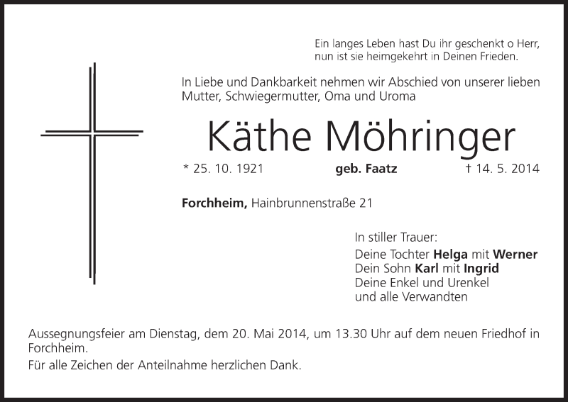  Traueranzeige für Käthe Möhringer vom 17.05.2014 aus MGO