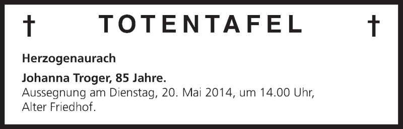  Traueranzeige für Totentafel vom 19.05.2014 vom 19.05.2014 aus MGO