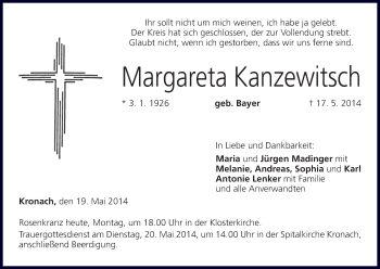 Anzeige von Margareta Kanzewitsch von MGO