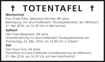 Anzeige von Totentafel vom 20.05.2014 von MGO