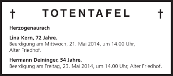 Anzeige von Totentafel vom 20.05.2014 von MGO