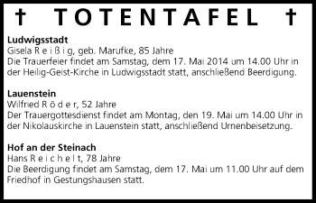 Anzeige von Totentafel, vom 16.05.2014 von MGO