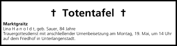 Anzeige von Totentafel vom 17.05.2014 von MGO