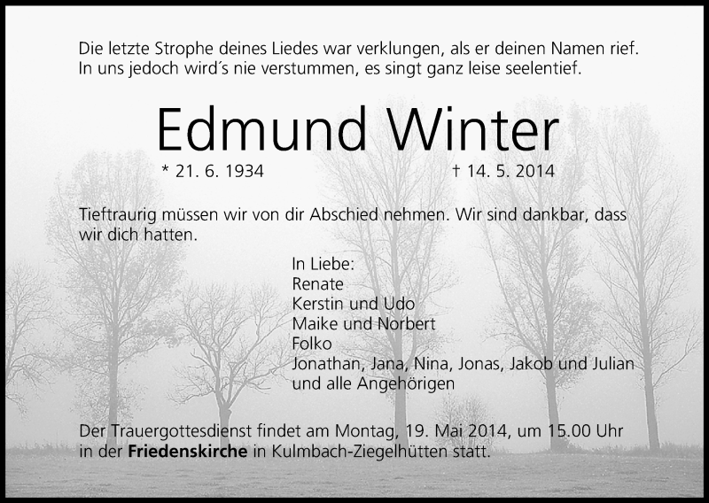  Traueranzeige für Edmund Winter vom 17.05.2014 aus MGO