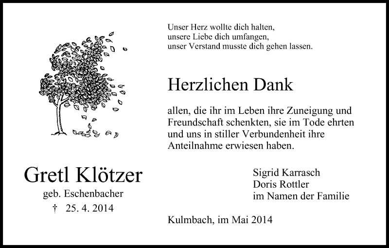  Traueranzeige für Gretl Klötzer vom 17.05.2014 aus MGO