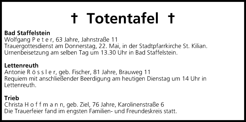  Traueranzeige für Totentafel vom 20.05.2014 vom 20.05.2014 aus MGO