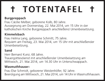 Anzeige von Totentafel vom 21.05.2014 von MGO
