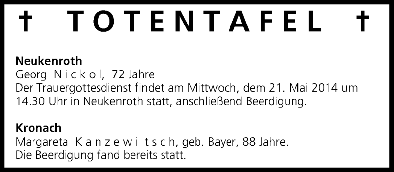  Traueranzeige für Totentafel vom 21.05.2014 vom 21.05.2014 aus MGO