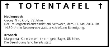 Anzeige von Totentafel vom 21.05.2014 von MGO