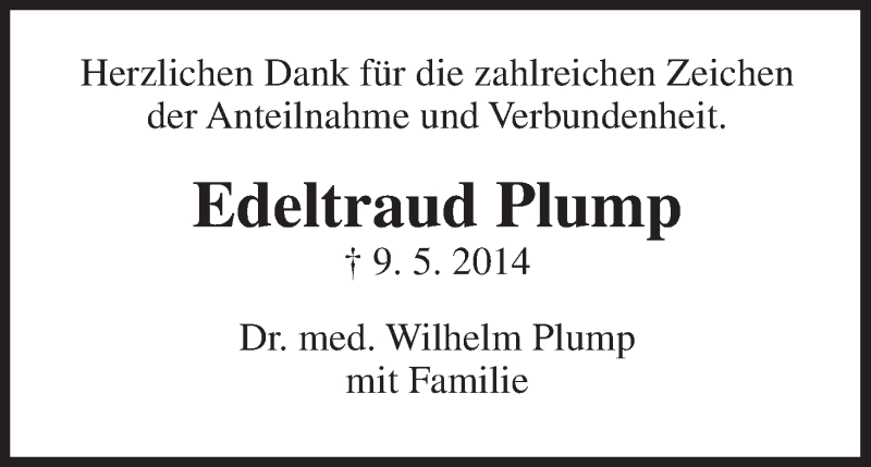  Traueranzeige für Edeltraud Plump vom 22.05.2014 aus MGO