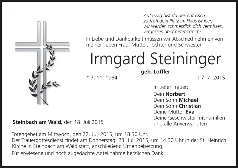  Traueranzeige für Irmgard Steinfinger vom 18.07.2015 aus MGO