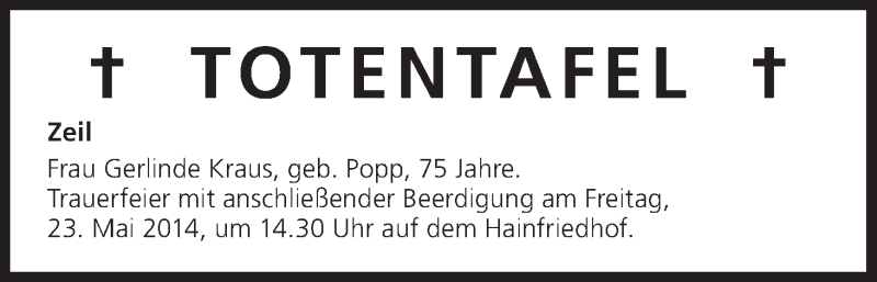  Traueranzeige für Totentafel 23.05.2014 vom 23.05.2014 aus MGO