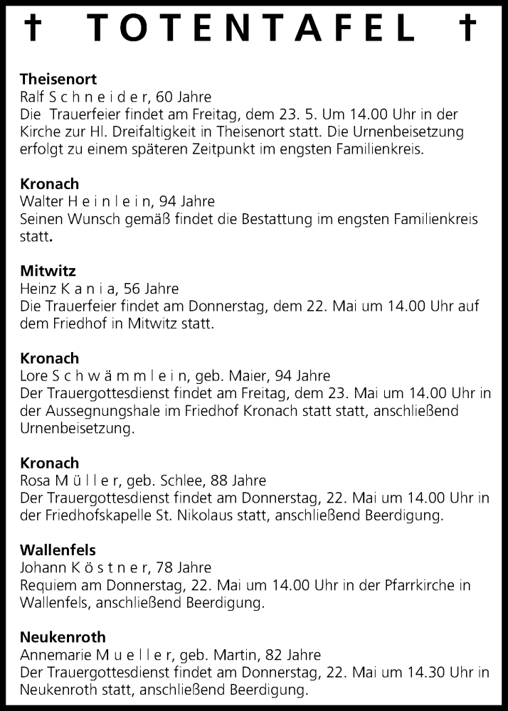  Traueranzeige für Totentafel vom 22.05.2014 vom 22.05.2014 aus MGO