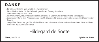 Anzeige von Hildegard de Soete von MGO