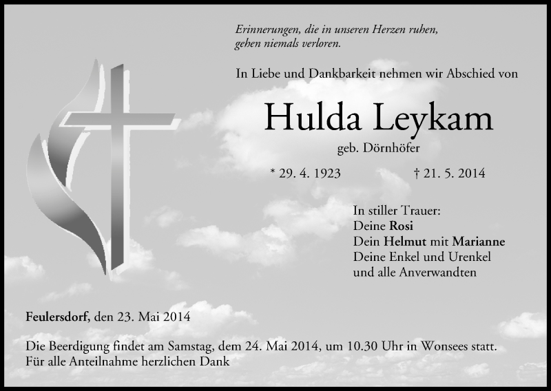  Traueranzeige für Hulda Leykam vom 23.05.2014 aus MGO