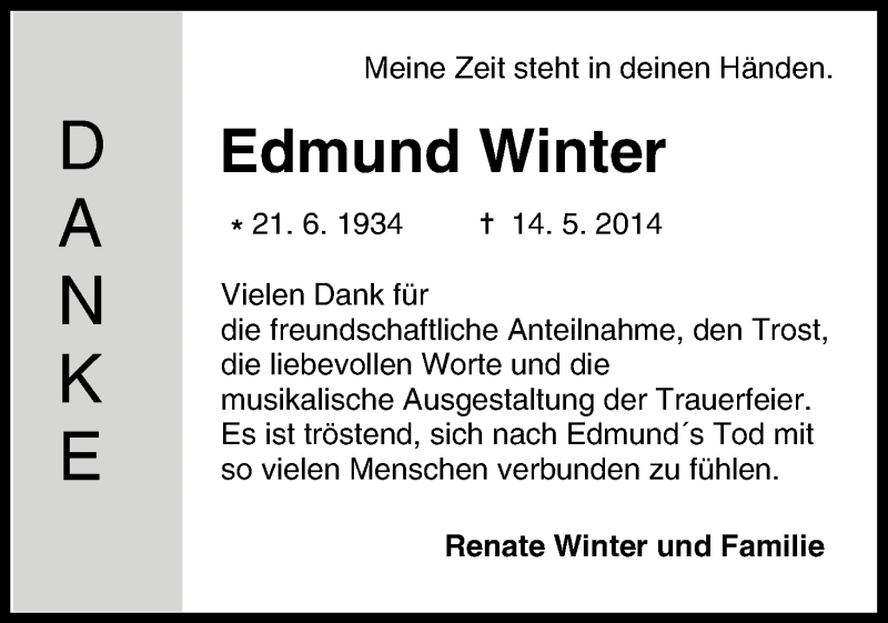  Traueranzeige für Edmund Winter vom 24.05.2014 aus MGO