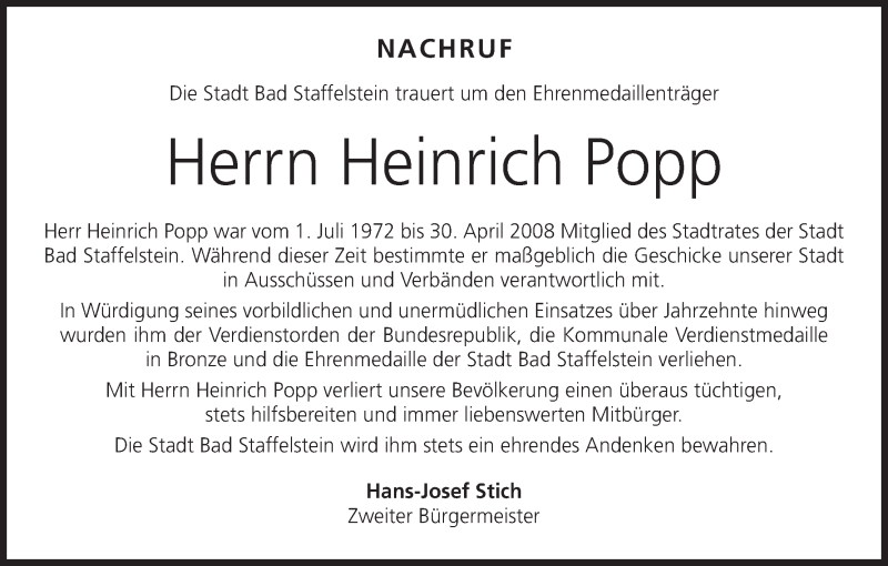  Traueranzeige für Heinrich Popp vom 24.05.2014 aus MGO