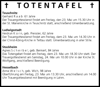 Anzeige von Totentafel 23.05.2014 von MGO