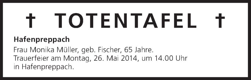  Traueranzeige für Totentafel, vom 24.05.2014 vom 24.05.2014 aus MGO