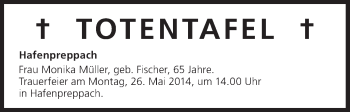 Anzeige von Totentafel, vom 24.05.2014 von MGO