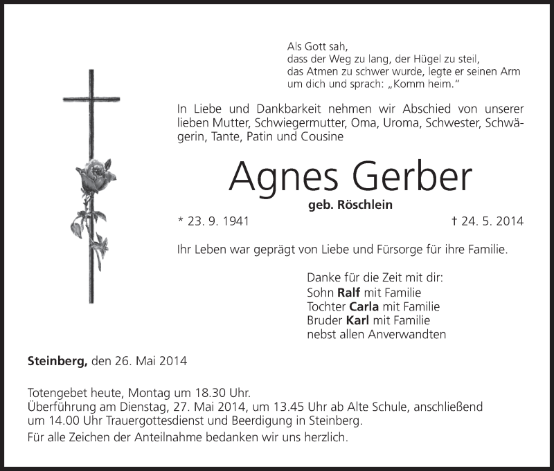  Traueranzeige für Agnes Gerber vom 26.05.2014 aus MGO