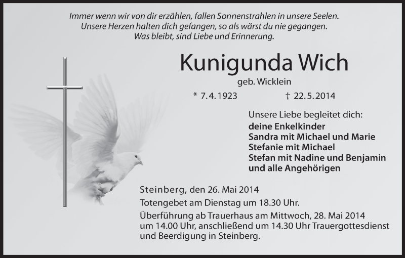  Traueranzeige für Kunigunda Wich vom 26.05.2014 aus MGO
