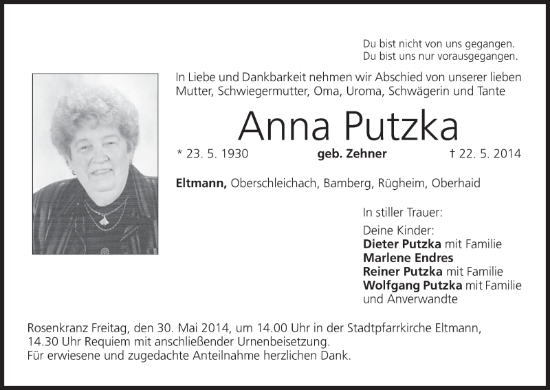  Traueranzeige für Anna Putzka vom 28.05.2014 aus MGO