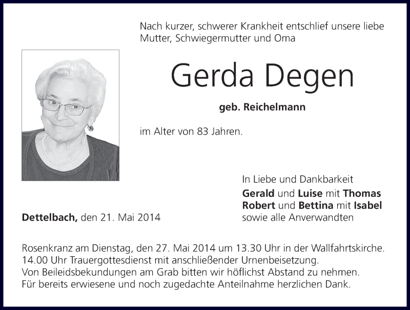  Traueranzeige für Gerda Degen vom 24.05.2014 aus MGO