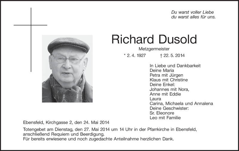  Traueranzeige für Richard Dusold vom 24.05.2014 aus MGO