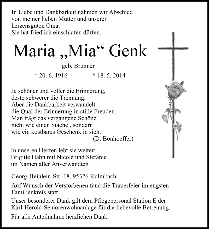  Traueranzeige für Maria Genk vom 31.05.2014 aus MGO