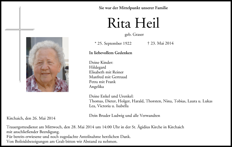  Traueranzeige für Rita Heil vom 26.05.2014 aus MGO