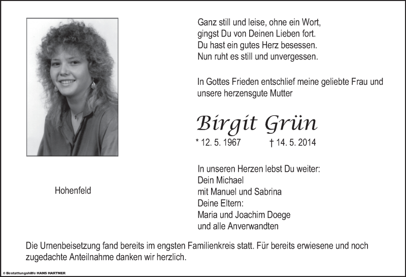  Traueranzeige für Birgit Grün vom 30.05.2014 aus MGO