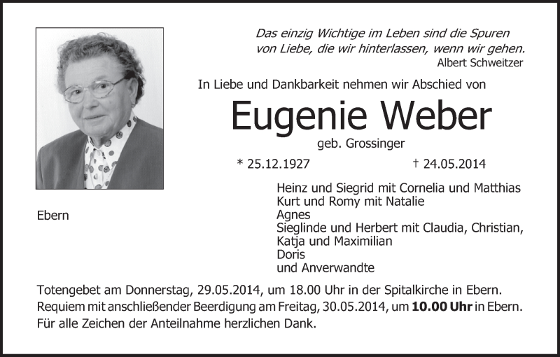  Traueranzeige für Eugenie Weber vom 27.05.2014 aus MGO