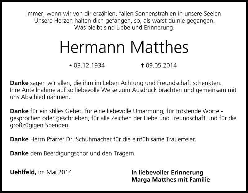  Traueranzeige für Hermann Matthes vom 28.05.2014 aus MGO