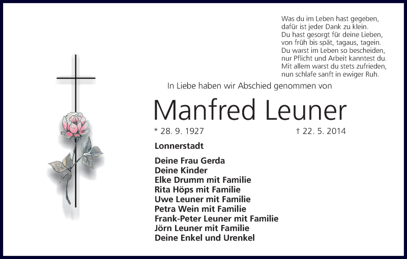  Traueranzeige für Manfred Leuner vom 31.05.2014 aus MGO