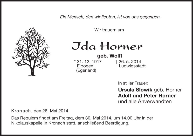  Traueranzeige für Ida Horner vom 28.05.2014 aus MGO
