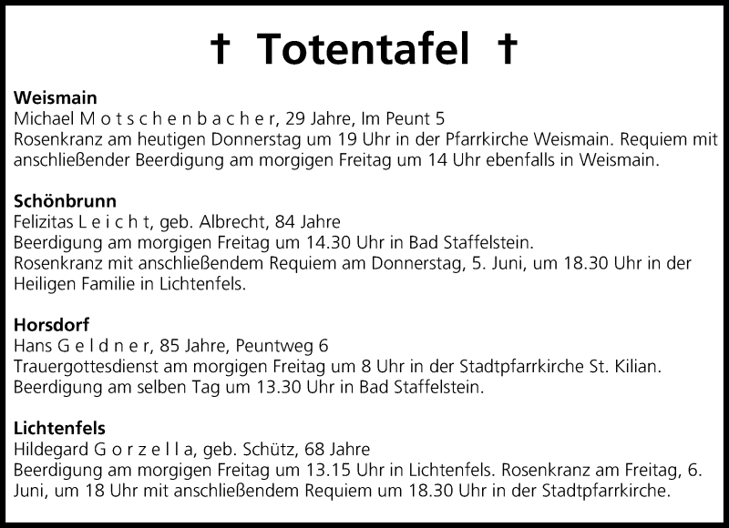  Traueranzeige für Totentafel vom 29.05.2014 vom 29.05.2014 aus MGO